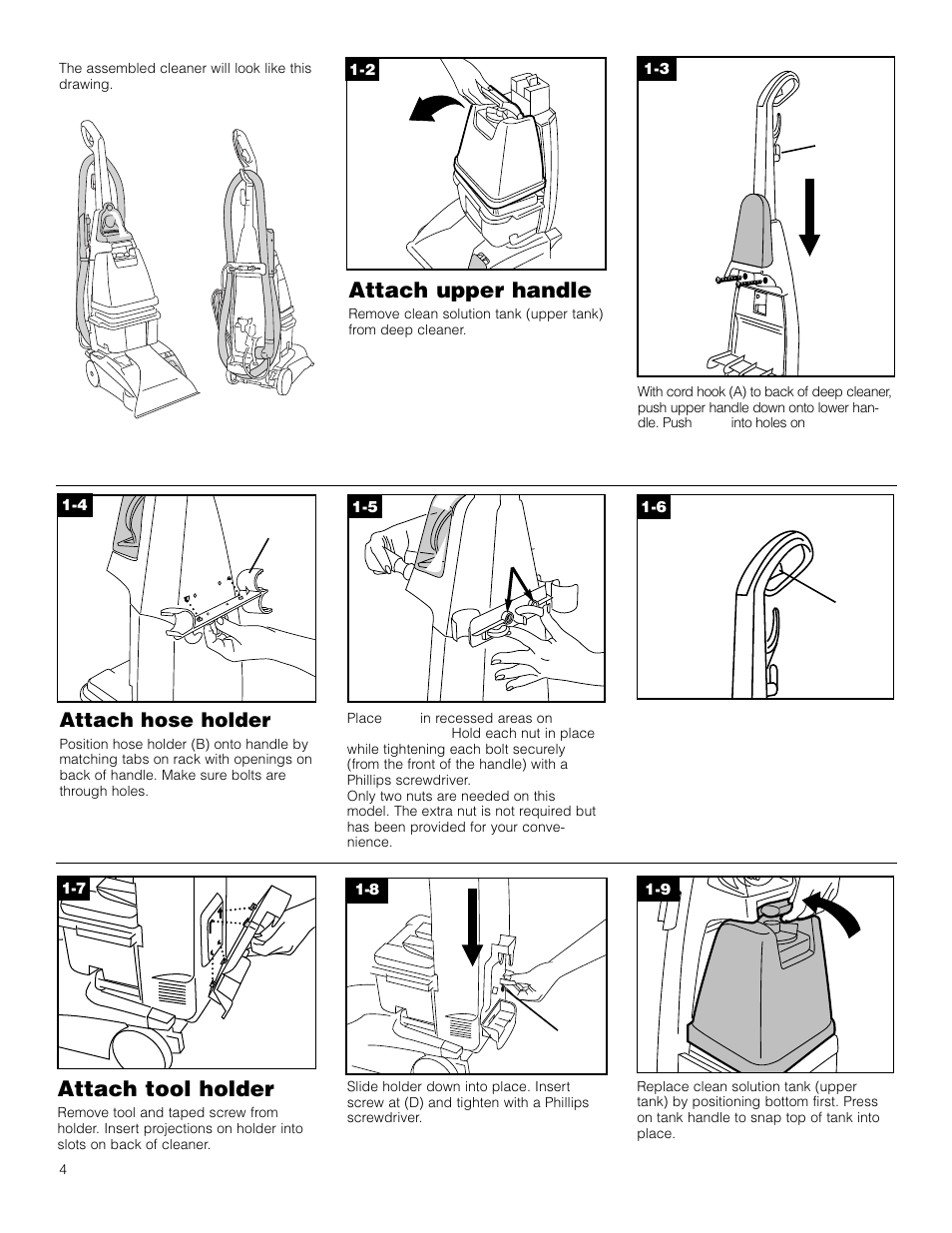 Attach upper handle, Attach tool holder, Attach hose holder | Hoover F5906900 User Manual | Page 4 / 36