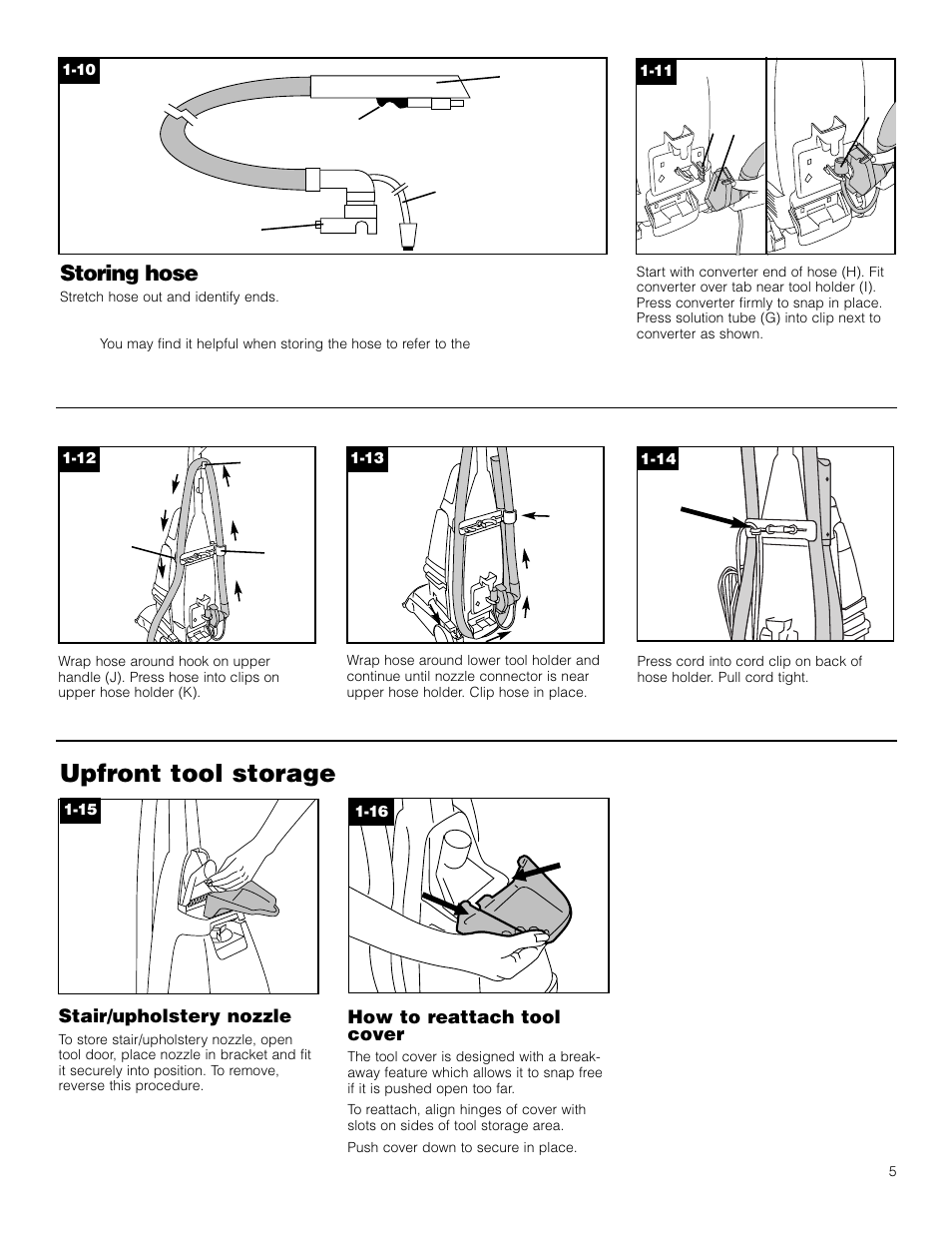 Upfront tool storage, Storing hose | Hoover F5906900 User Manual | Page 5 / 36