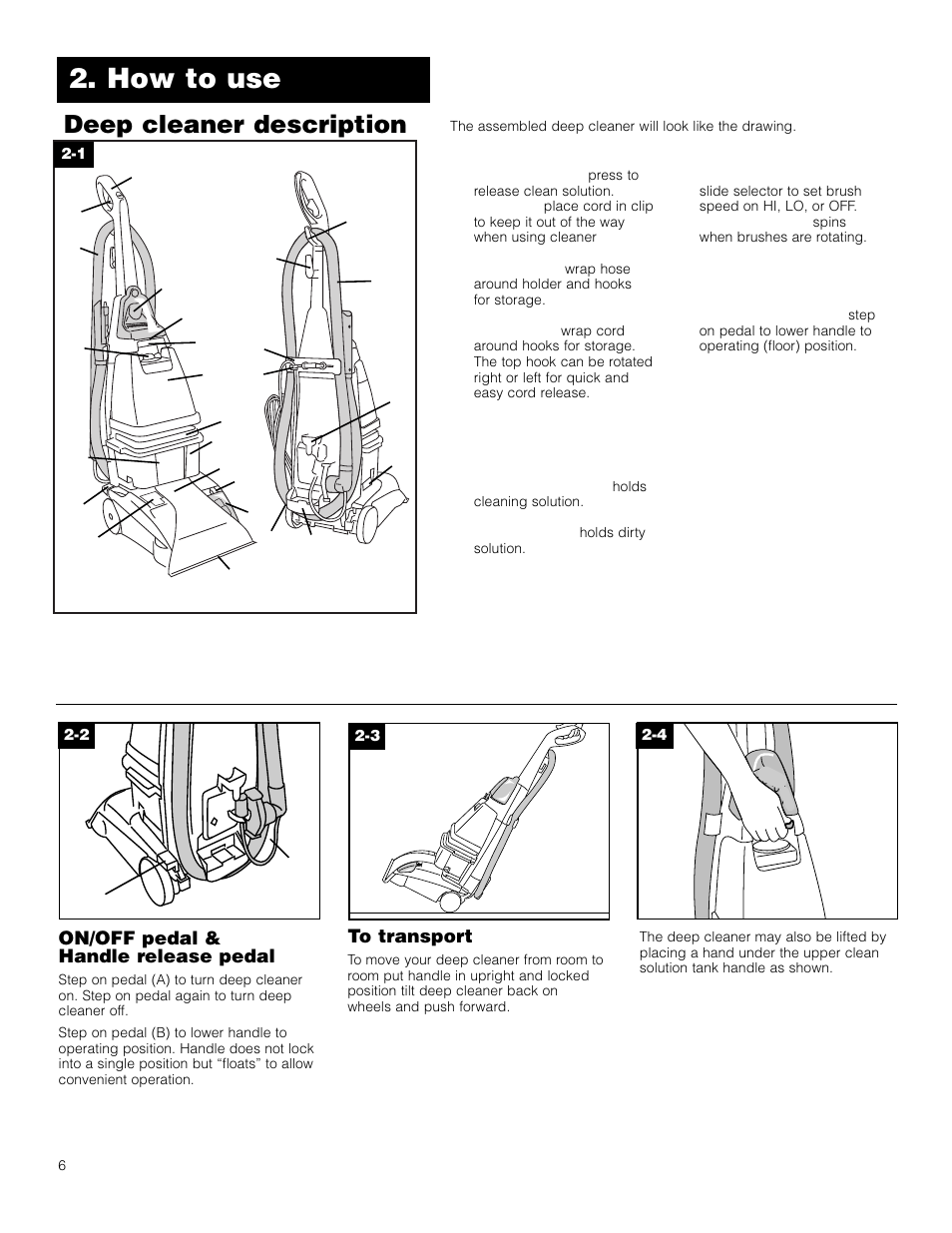 How to use, Deep cleaner description, On/off pedal & handle release pedal | Hoover F5906900 User Manual | Page 6 / 36