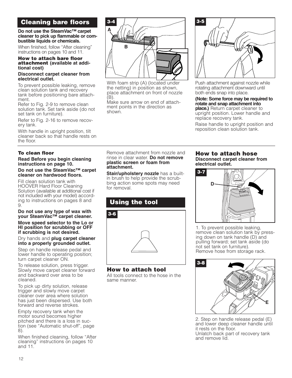 Using the tool, Cleaning bare floors, How to attach tool | How to attach hose | Hoover Carpet Cleaner User Manual | Page 12 / 40