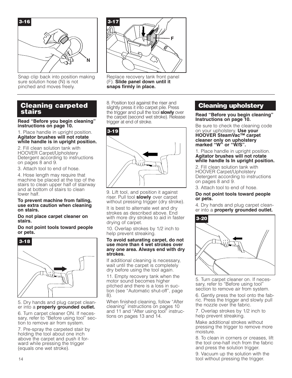 Cleaning upholstery, Cleaning carpeted stairs | Hoover Carpet Cleaner User Manual | Page 14 / 40