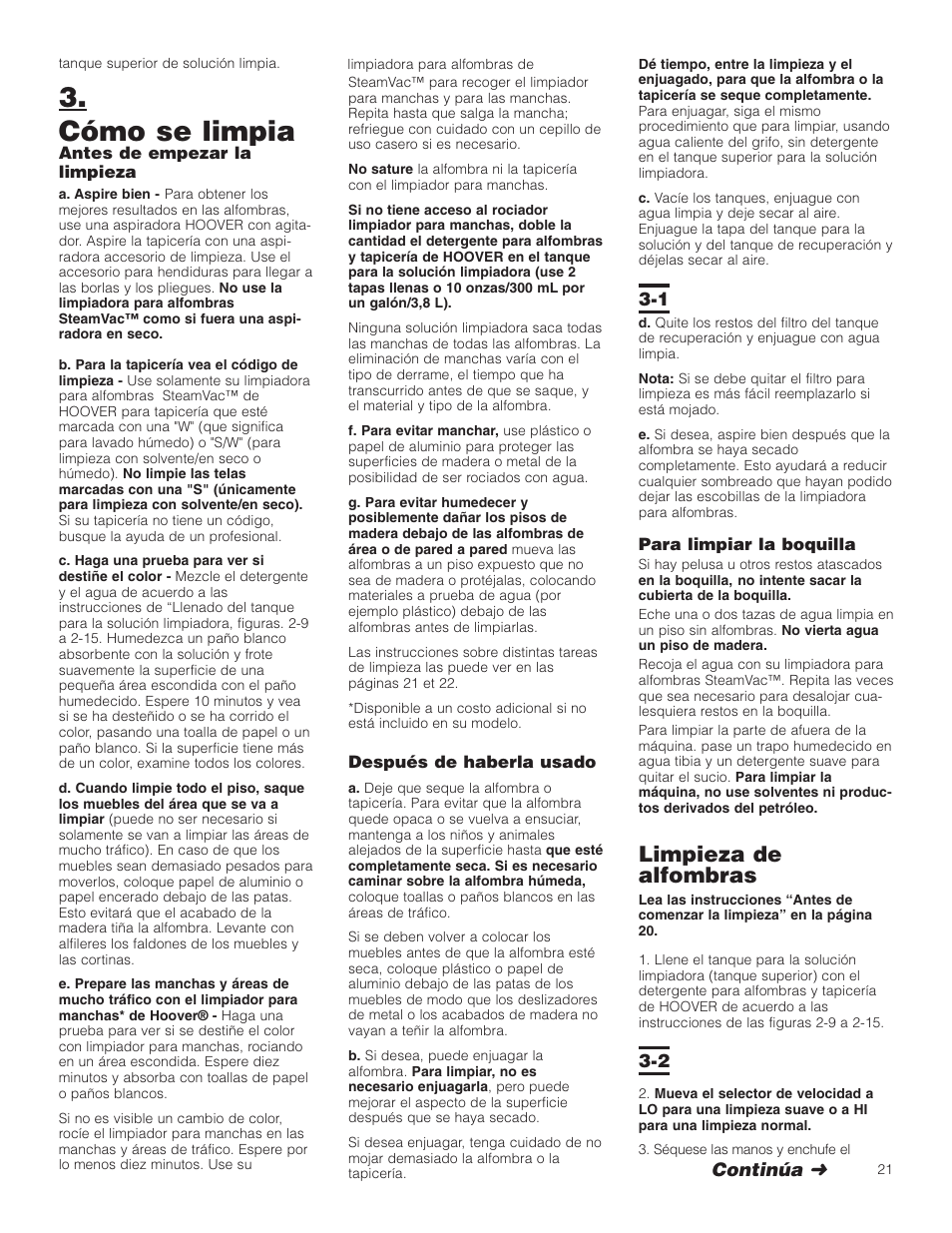 Cómo se limpia, Limpieza de alfombras, Continúa | Hoover Carpet Cleaner User Manual | Page 21 / 40