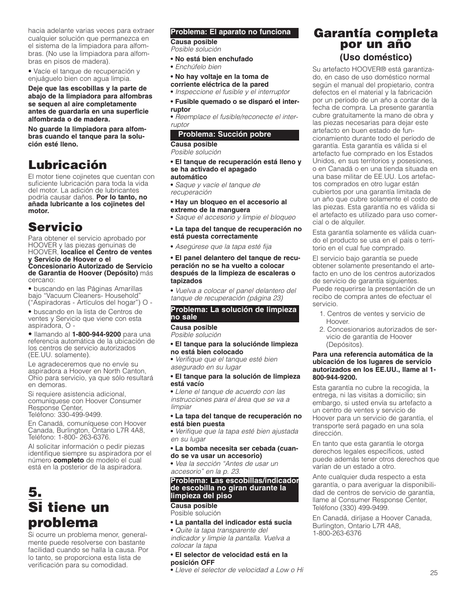 Si tiene un problema, Garantía completa por un año, Lubricación | Servicio | Hoover Carpet Cleaner User Manual | Page 25 / 40