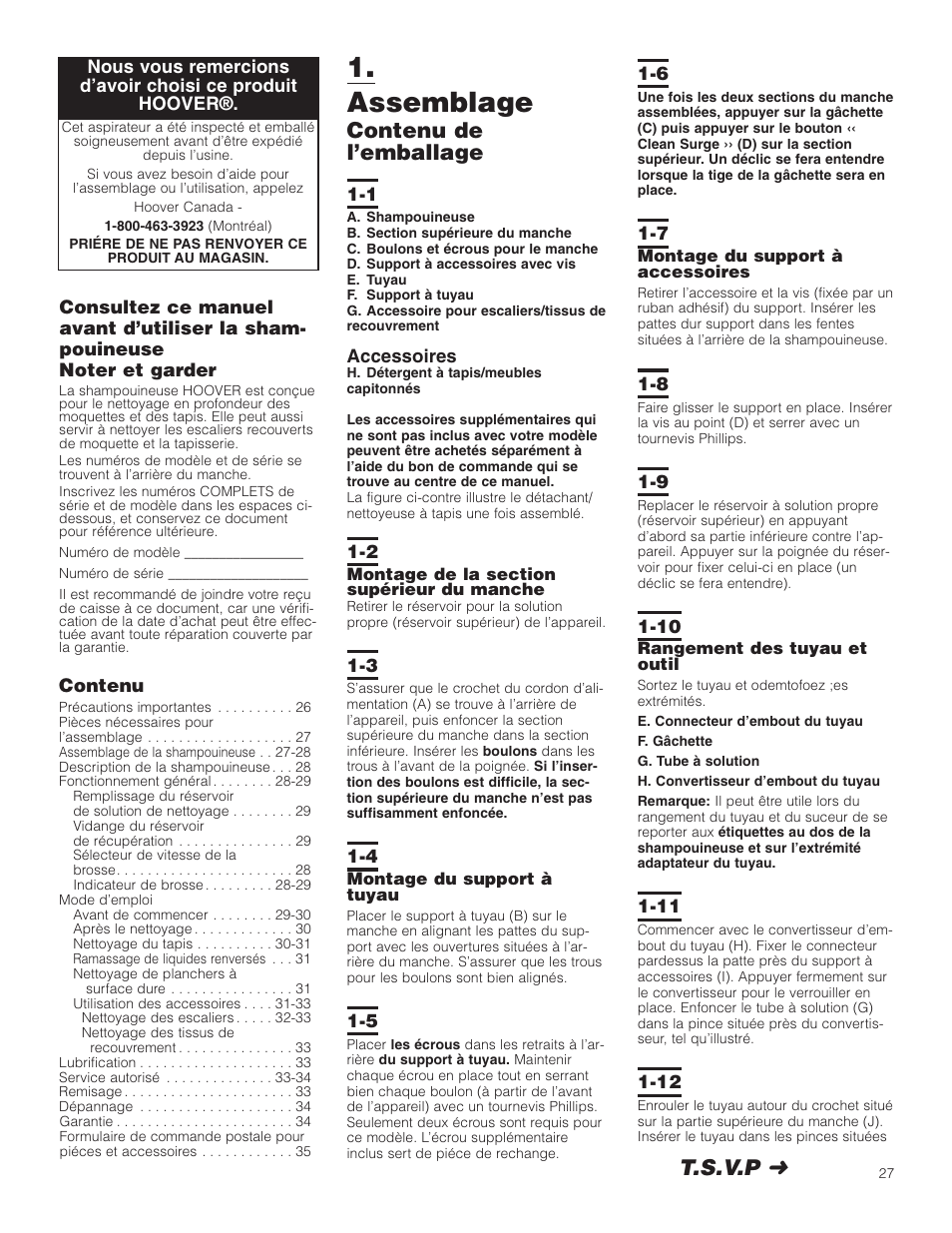 Assemblage, Contenu de l’emballage, T.s.v.p | Hoover Carpet Cleaner User Manual | Page 27 / 40