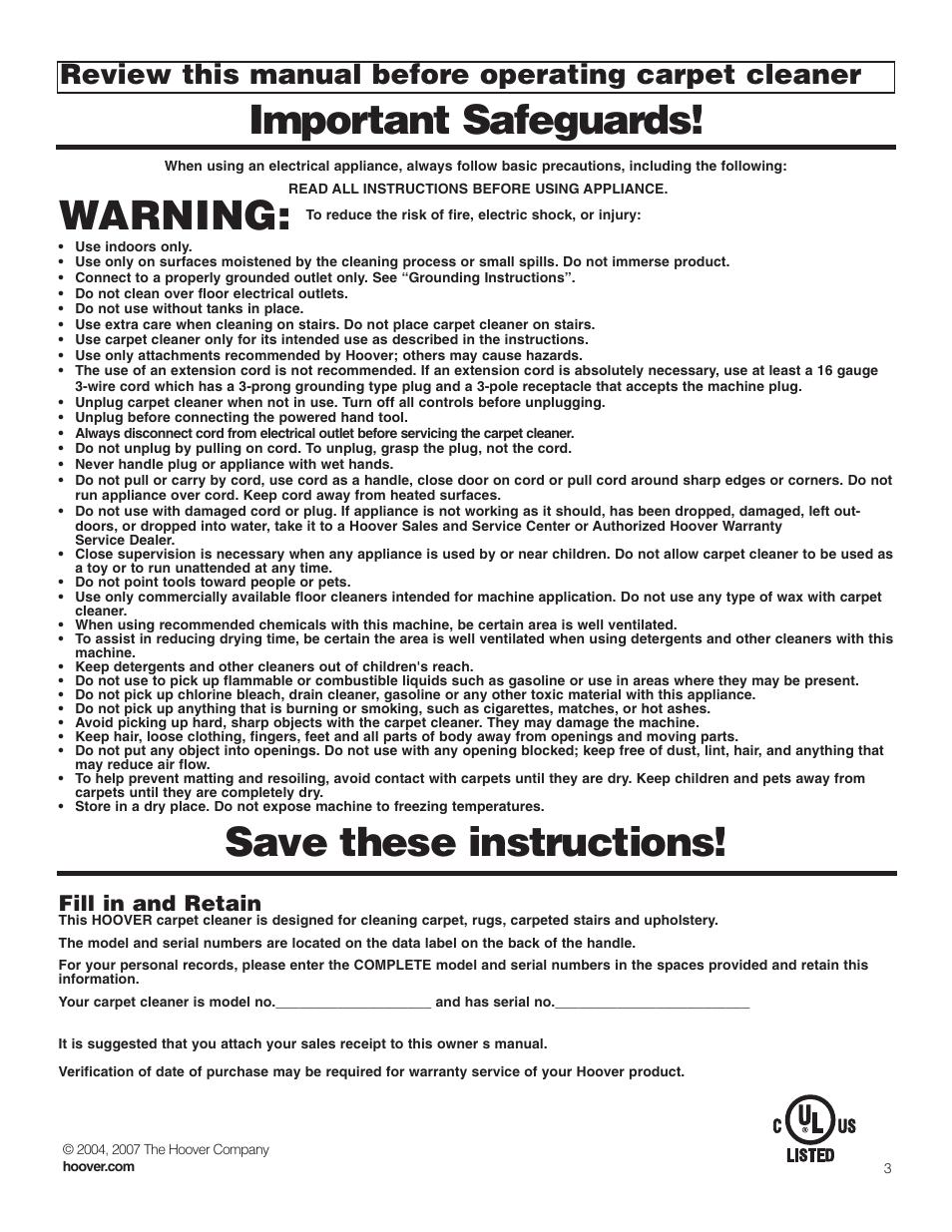 Important safeguards, Warning, Save these instructions | Review this manual before operating carpet cleaner, Fill in and retain | Hoover Carpet Cleaner User Manual | Page 3 / 40