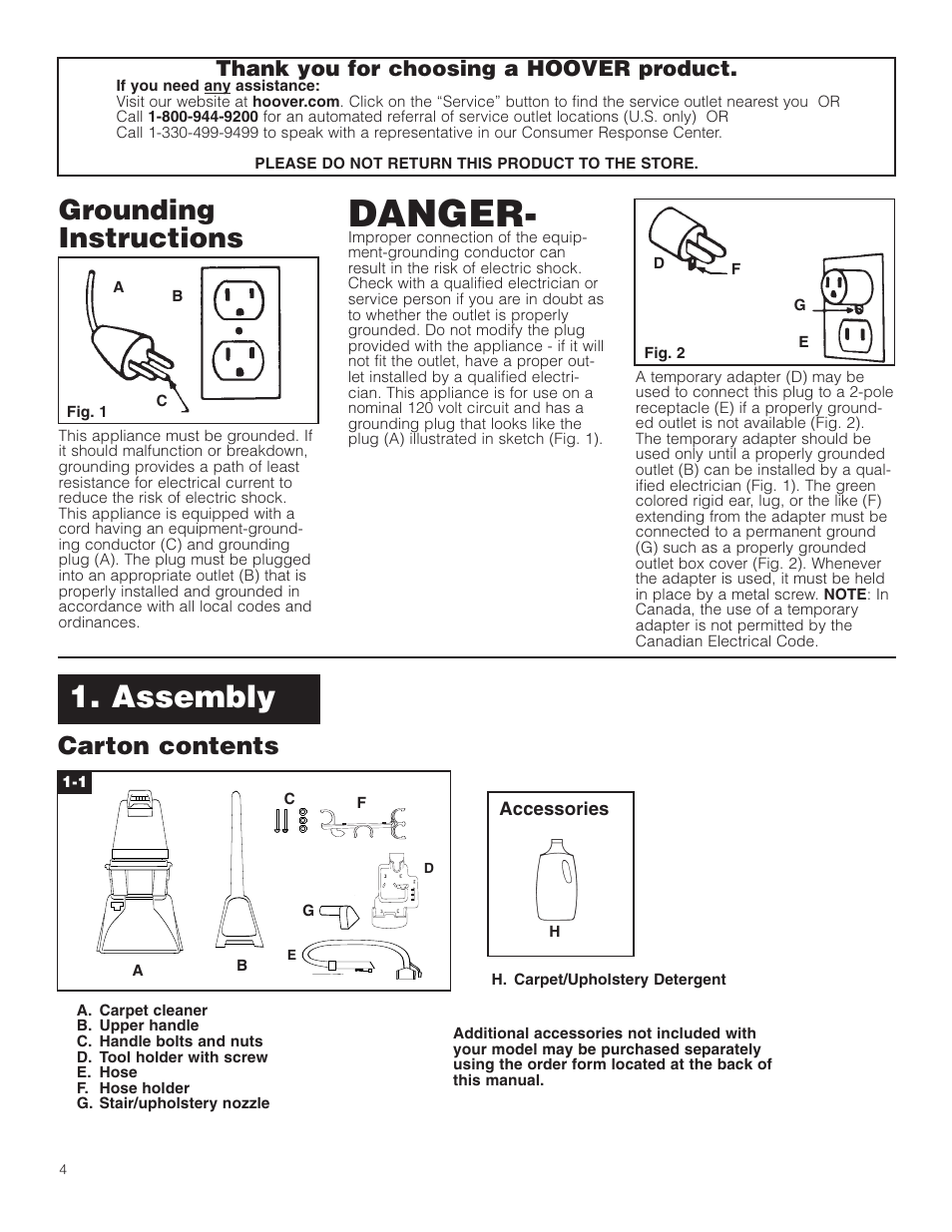 Danger, Assembly, Grounding instructions | Carton contents, Accessories | Hoover Carpet Cleaner User Manual | Page 4 / 40