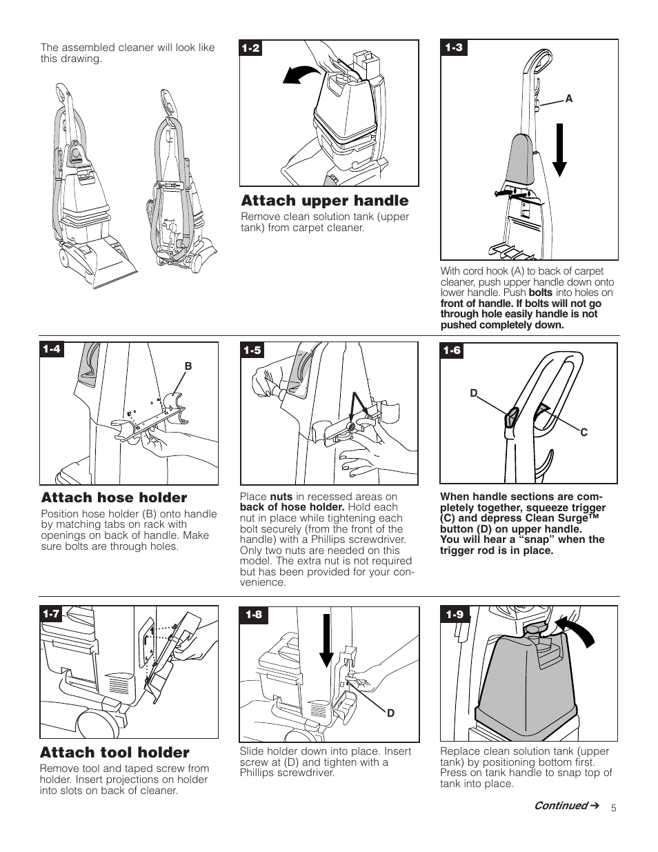 Attach upper handle, Attach tool holder, Attach hose holder | Hoover Carpet Cleaner User Manual | Page 5 / 40