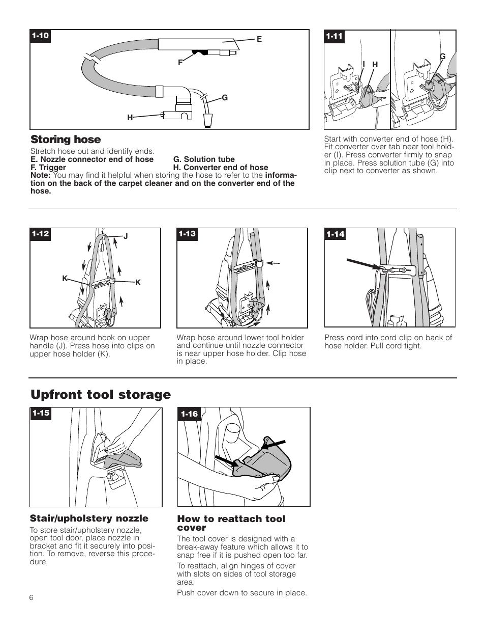 Upfront tool storage, Storing hose | Hoover Carpet Cleaner User Manual | Page 6 / 40