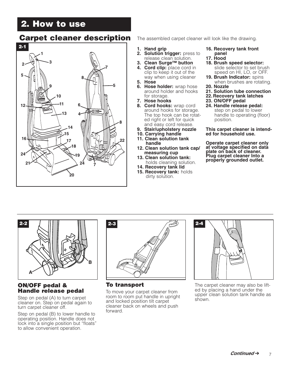 How to use, Carpet cleaner description | Hoover Carpet Cleaner User Manual | Page 7 / 40