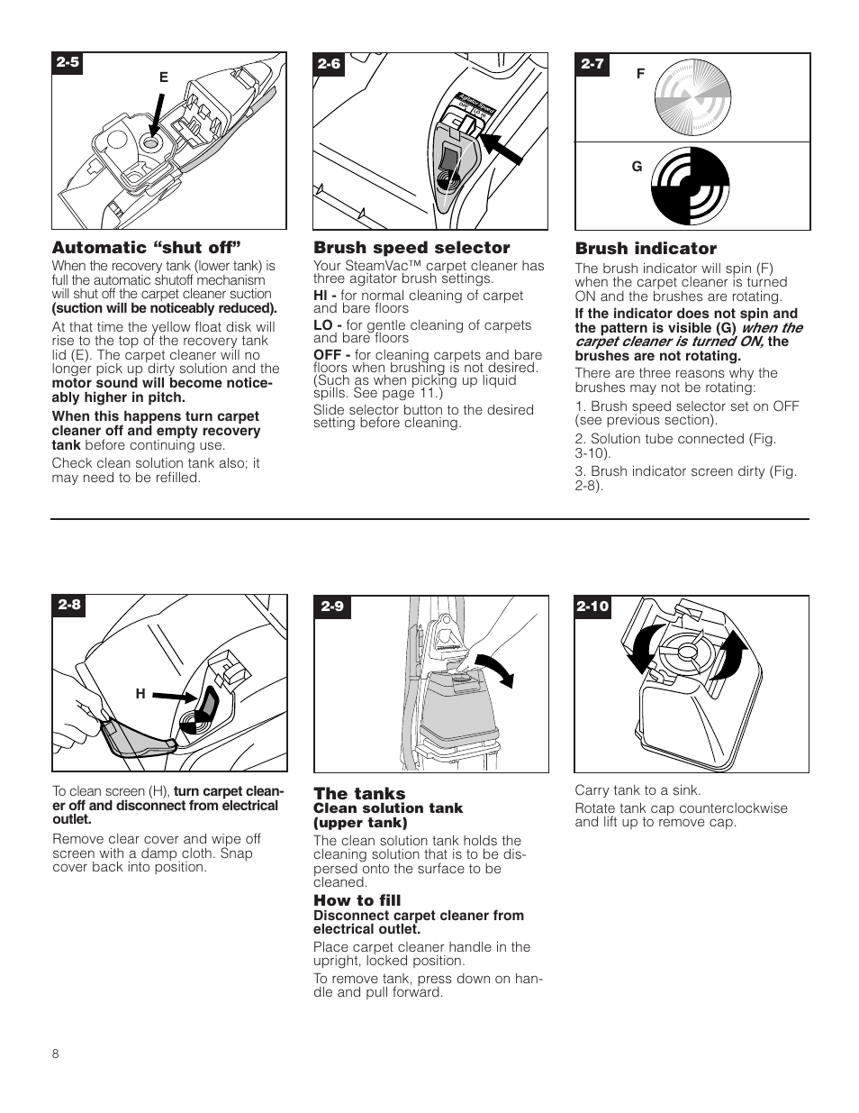 Automatic “shut off, Brush speed selector, Brush indicator | The tanks | Hoover Carpet Cleaner User Manual | Page 8 / 40