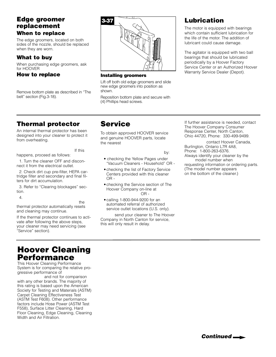 Hoover cleaning performance, Service, Edge groomer replacement | Lubrication, Thermal protector | Hoover S2200 User Manual | Page 13 / 16