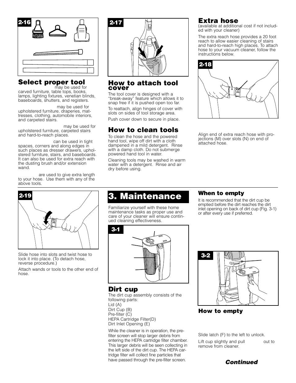 Maintenance, Select proper tool, How to attach tool cover | How to clean tools, Dirt cup, Extra hose | Hoover S2200 User Manual | Page 7 / 16