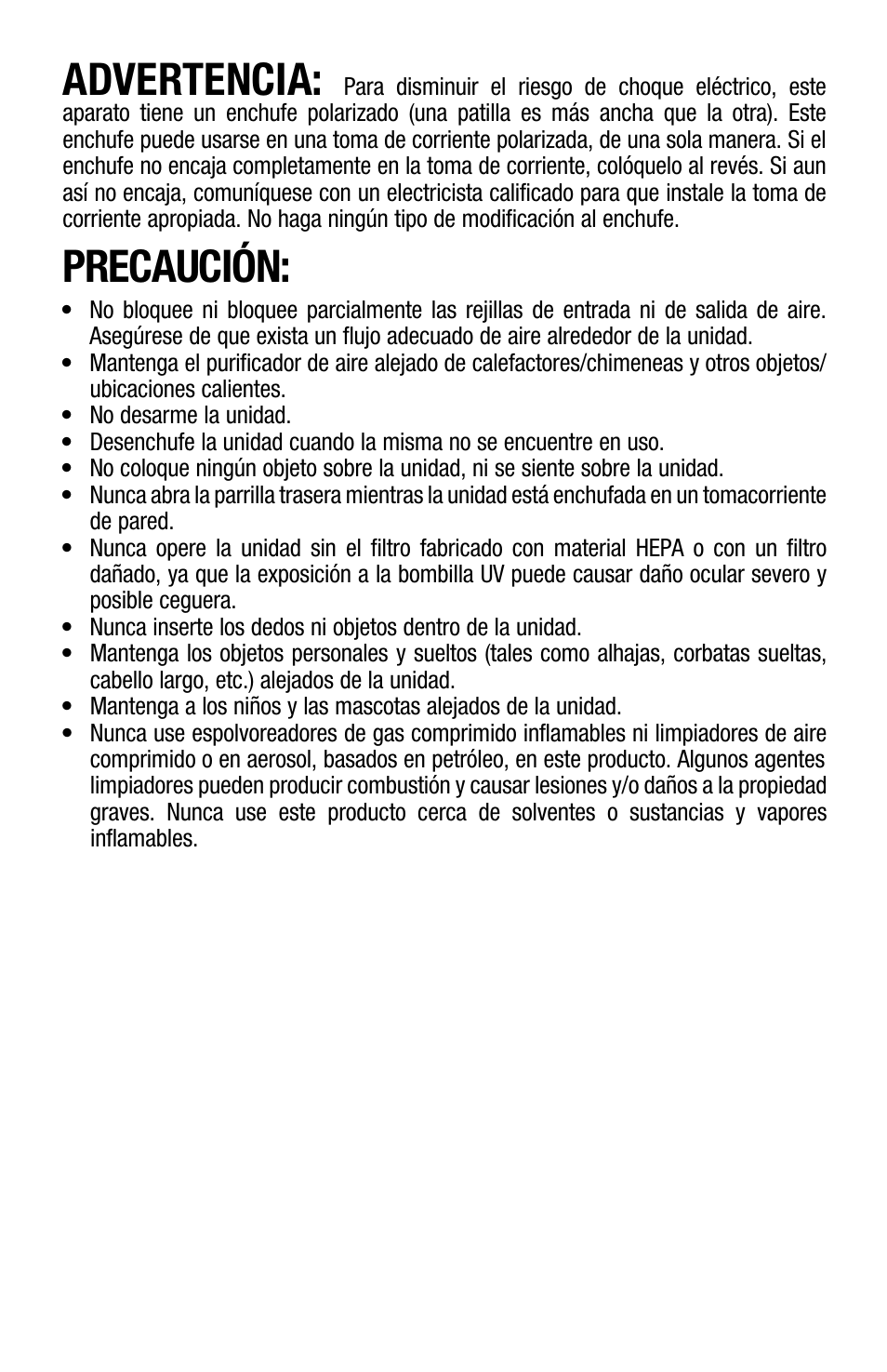 Precaución: advertencia | Hoover Air Cleaner User Manual | Page 12 / 24