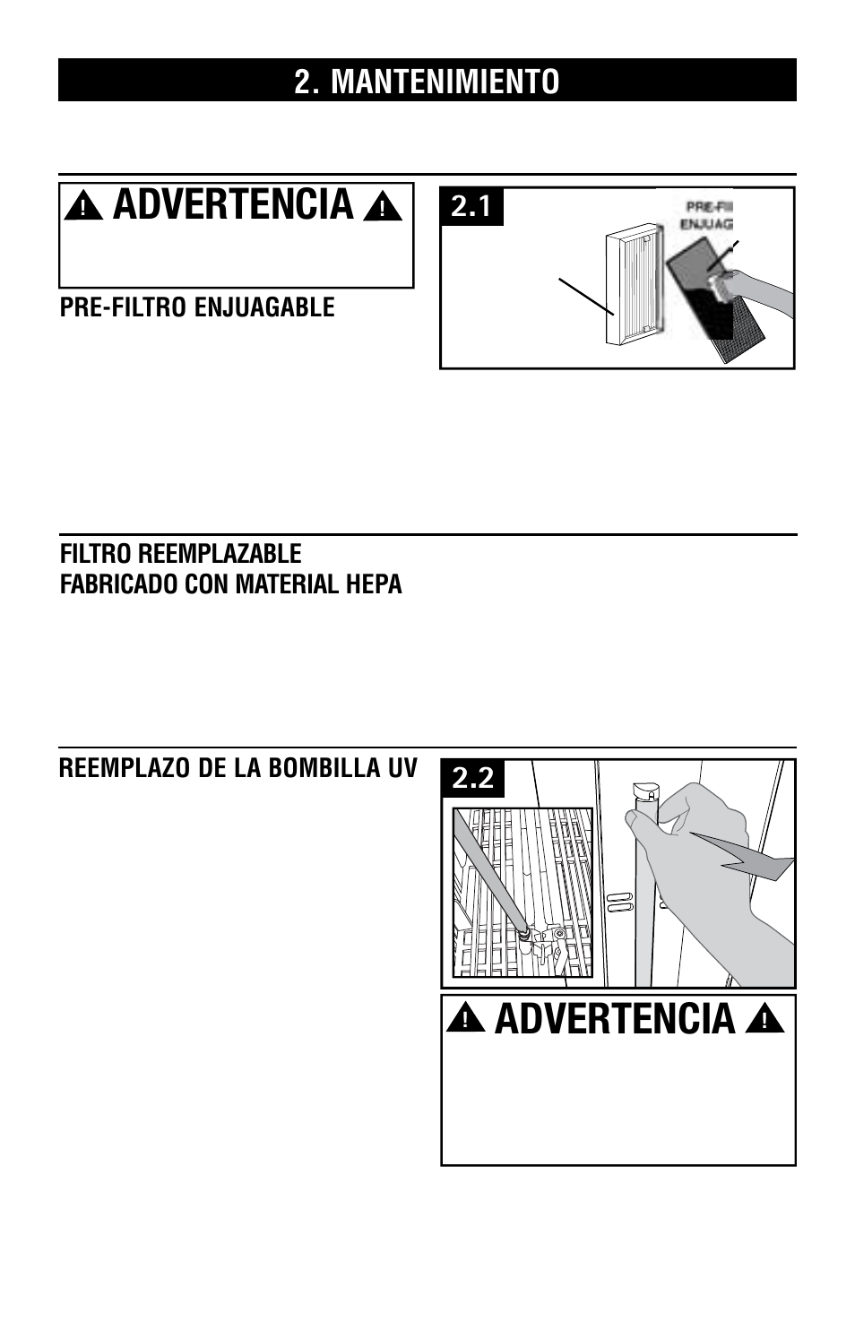 Advertencia, Mantenimiento, Reemplazo de la bombilla uv | Hoover Air Cleaner User Manual | Page 14 / 24