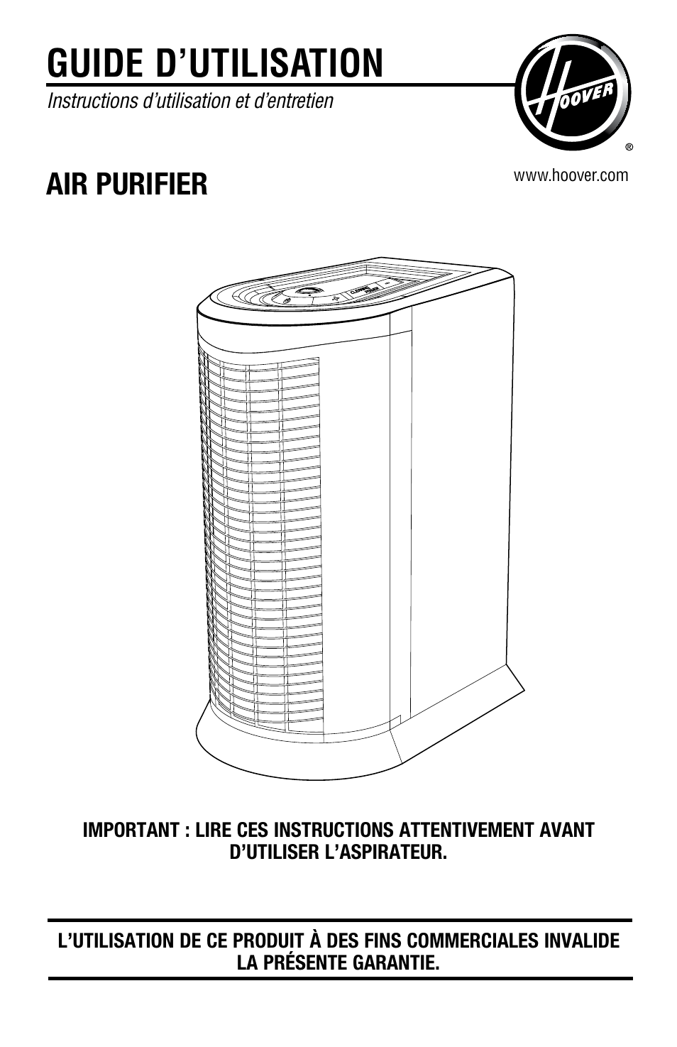 Guide d’utilisation, Air purifier | Hoover Air Cleaner User Manual | Page 17 / 24