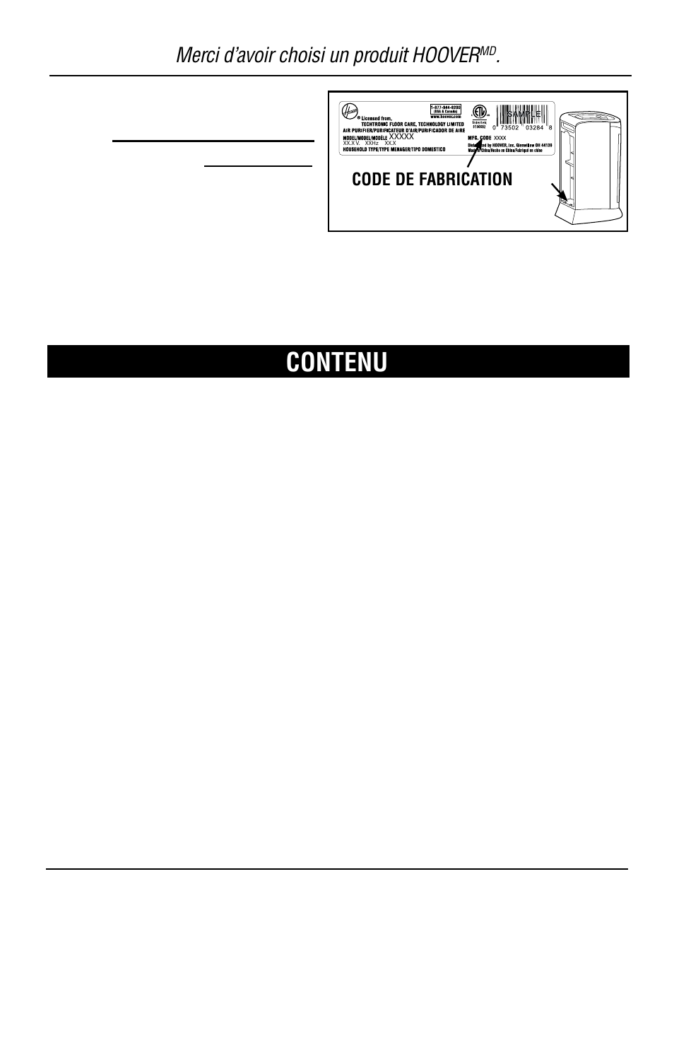 Contenu, Merci d’avoir choisi un produit hoover, Code de fabrication | Hoover Air Cleaner User Manual | Page 18 / 24