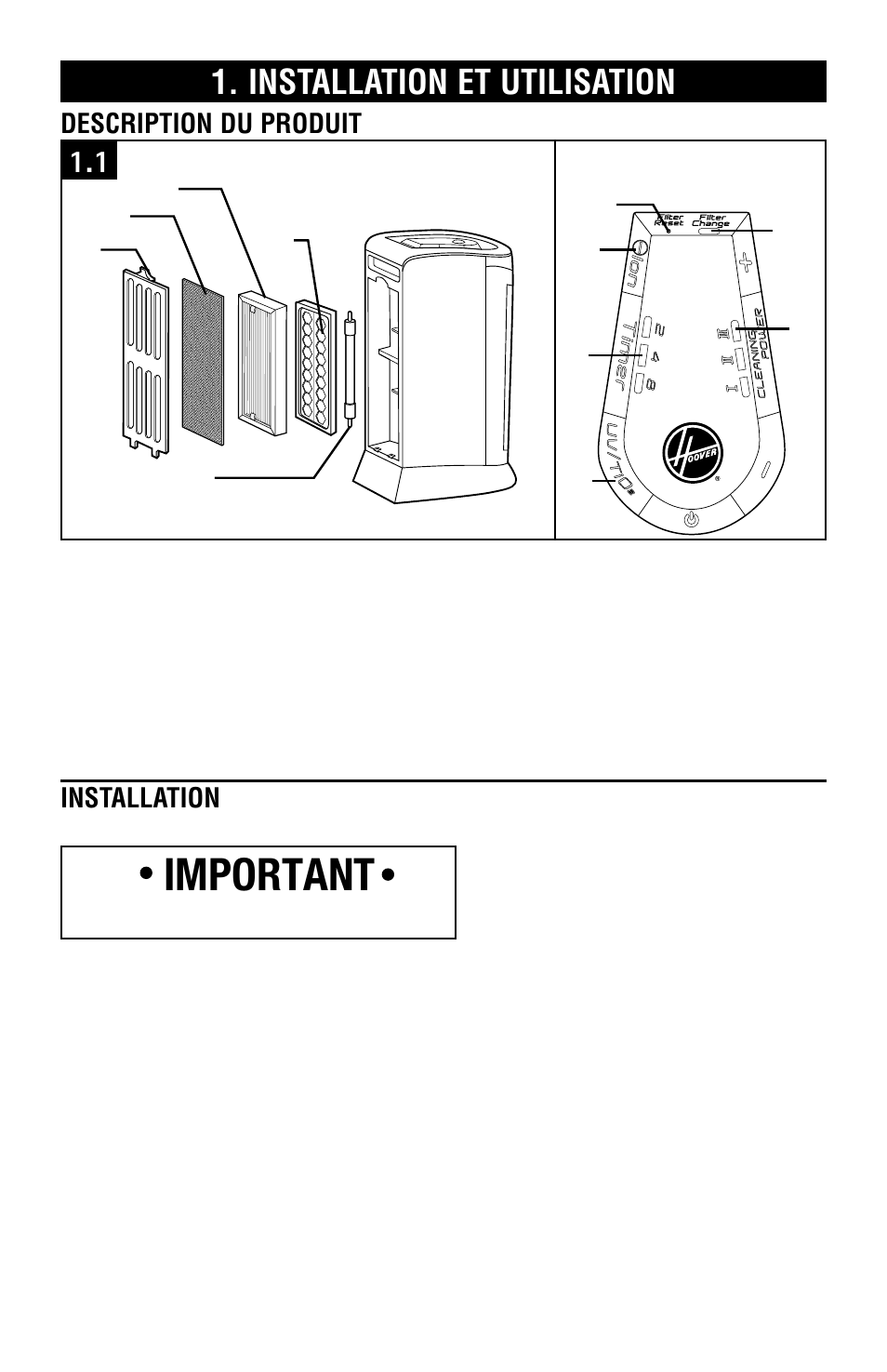 Important, Installation et utilisation, Description du produit | Installation, Arrière avant panneau de commande | Hoover Air Cleaner User Manual | Page 21 / 24