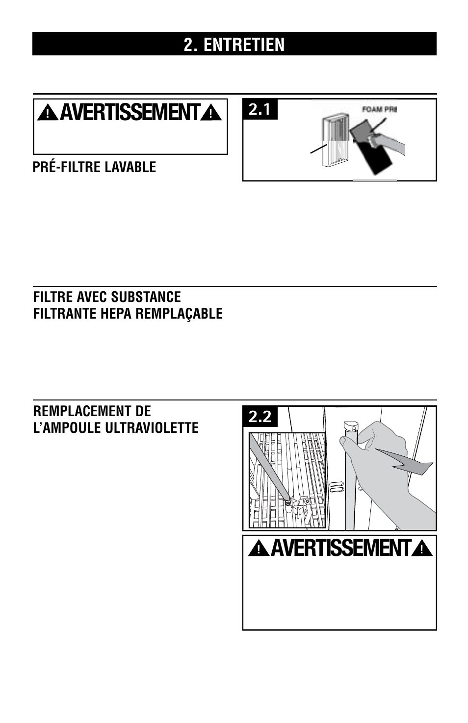 Avertissement, Entretien, Remplacement de l’ampoule ultraviolette | Hoover Air Cleaner User Manual | Page 22 / 24