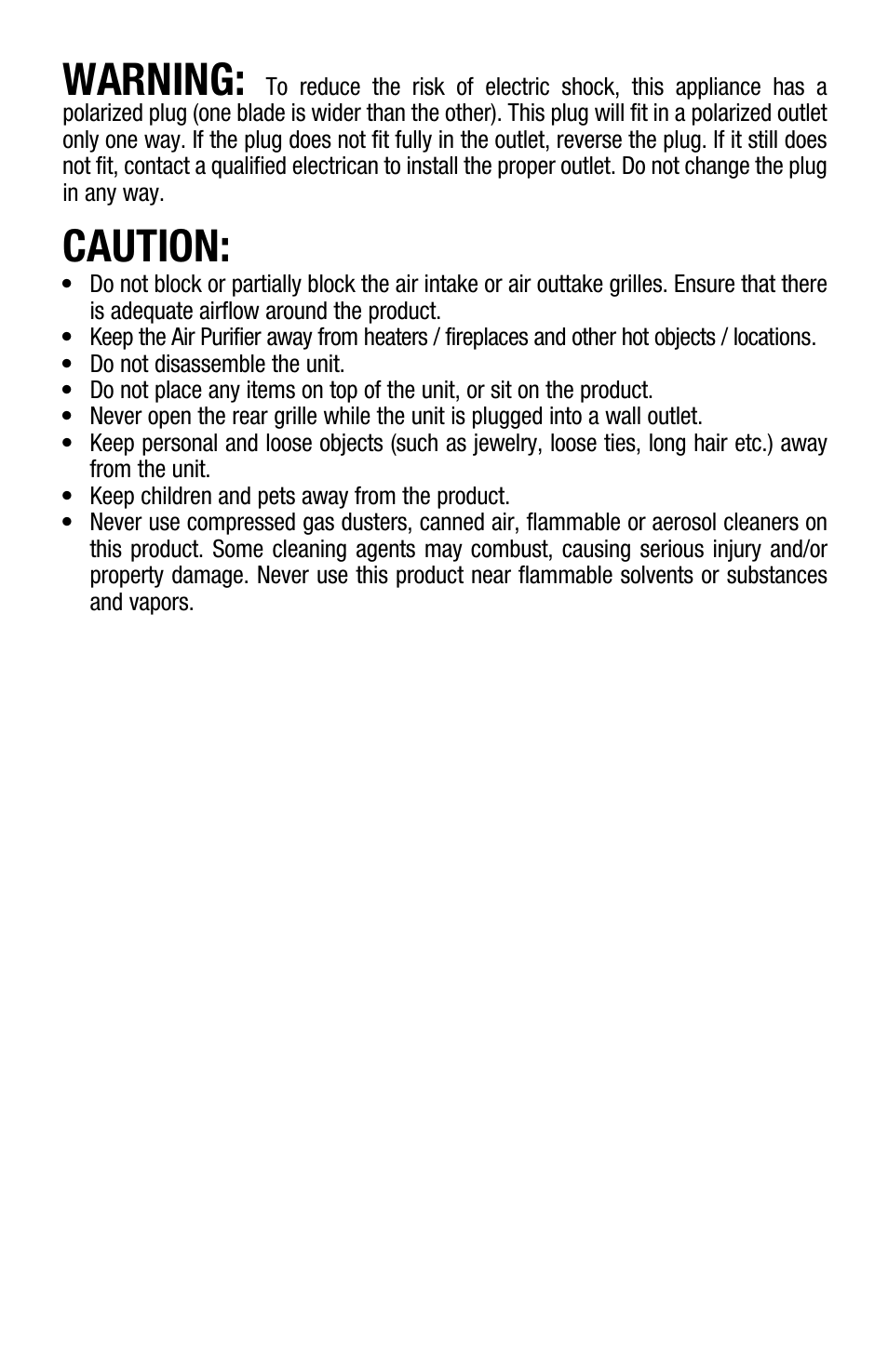 Warning, Caution | Hoover Air Cleaner User Manual | Page 4 / 24