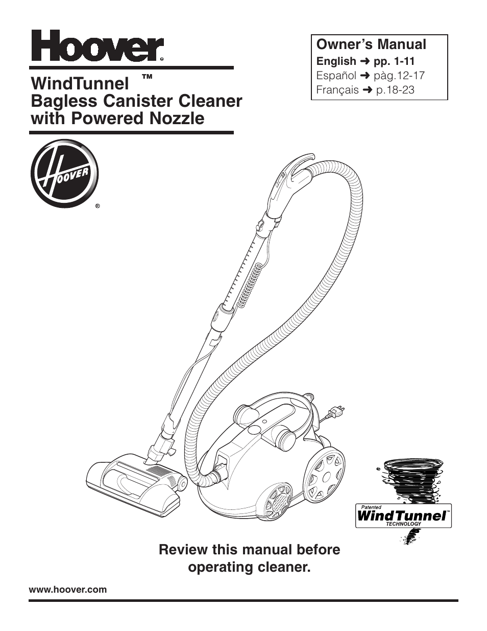 Hoover WindTunnel Wind Tunnel Bagless Canister Cleaner User Manual | 24 pages