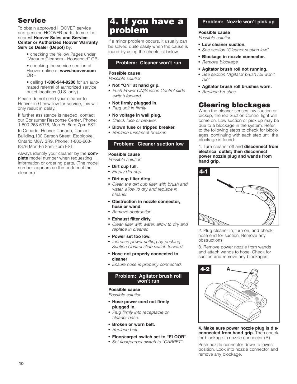 If you have a problem, Clearing blockages, Service | Hoover WindTunnel Wind Tunnel Bagless Canister Cleaner User Manual | Page 10 / 24