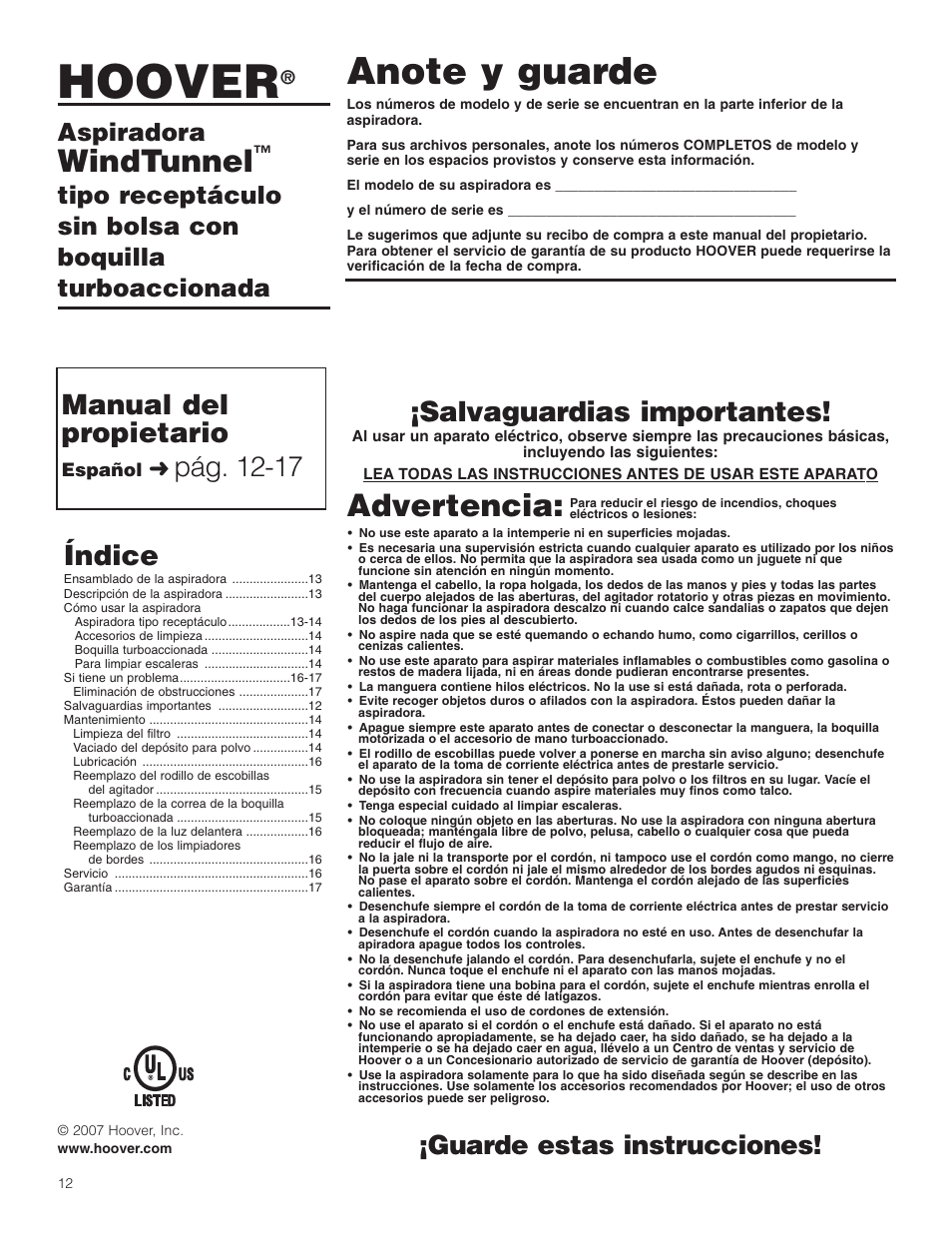 Hoover, Windtunnel, Advertencia | Manual del propietario, Pág. 12-17, Salvaguardias importantes, Índice, Guarde estas instrucciones, Aspiradora | Hoover WindTunnel Wind Tunnel Bagless Canister Cleaner User Manual | Page 12 / 24