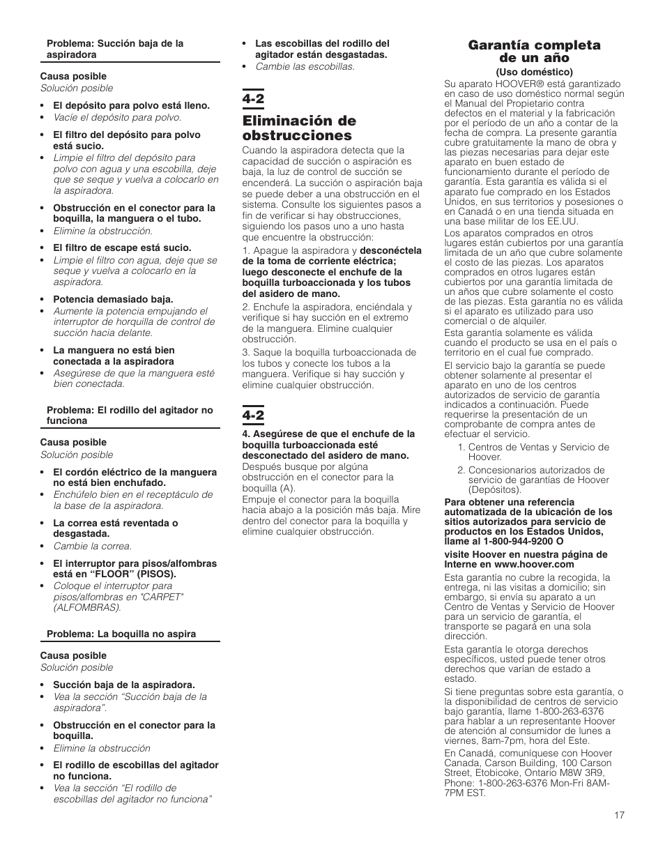 Eliminación de obstrucciones, Garantía completa de un año | Hoover WindTunnel Wind Tunnel Bagless Canister Cleaner User Manual | Page 17 / 24