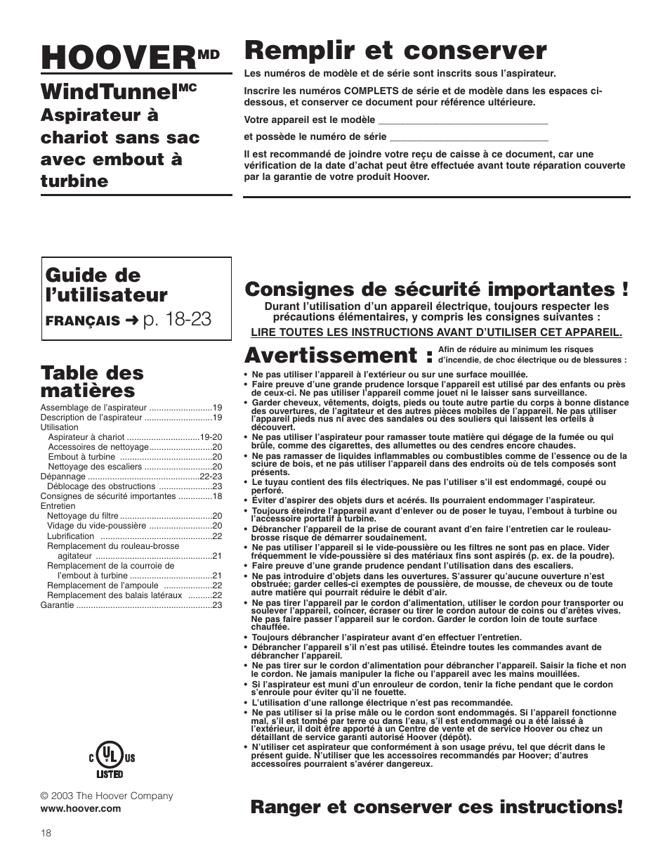 Hoover WindTunnel Wind Tunnel Bagless Canister Cleaner User Manual | Page 18 / 24