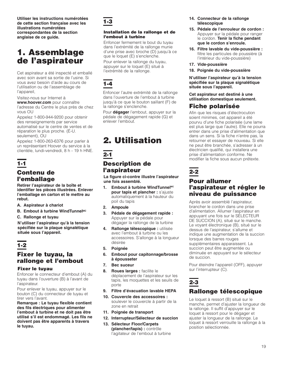 Assemblage de l’aspirateur, Utilisation, Contenu de l’emballage | Fixer le tuyau, la rallonge et l’embout, Description de l’aspirateur, Fiche polarisée, Rallonge télescopique | Hoover WindTunnel Wind Tunnel Bagless Canister Cleaner User Manual | Page 19 / 24