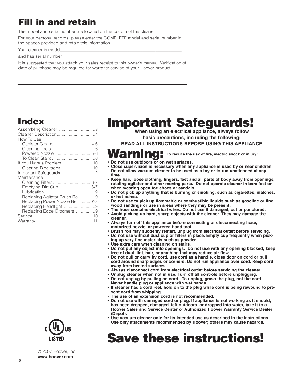 Important safeguards, Warning, Save these instructions | Fill in and retain, Index | Hoover WindTunnel Wind Tunnel Bagless Canister Cleaner User Manual | Page 2 / 24