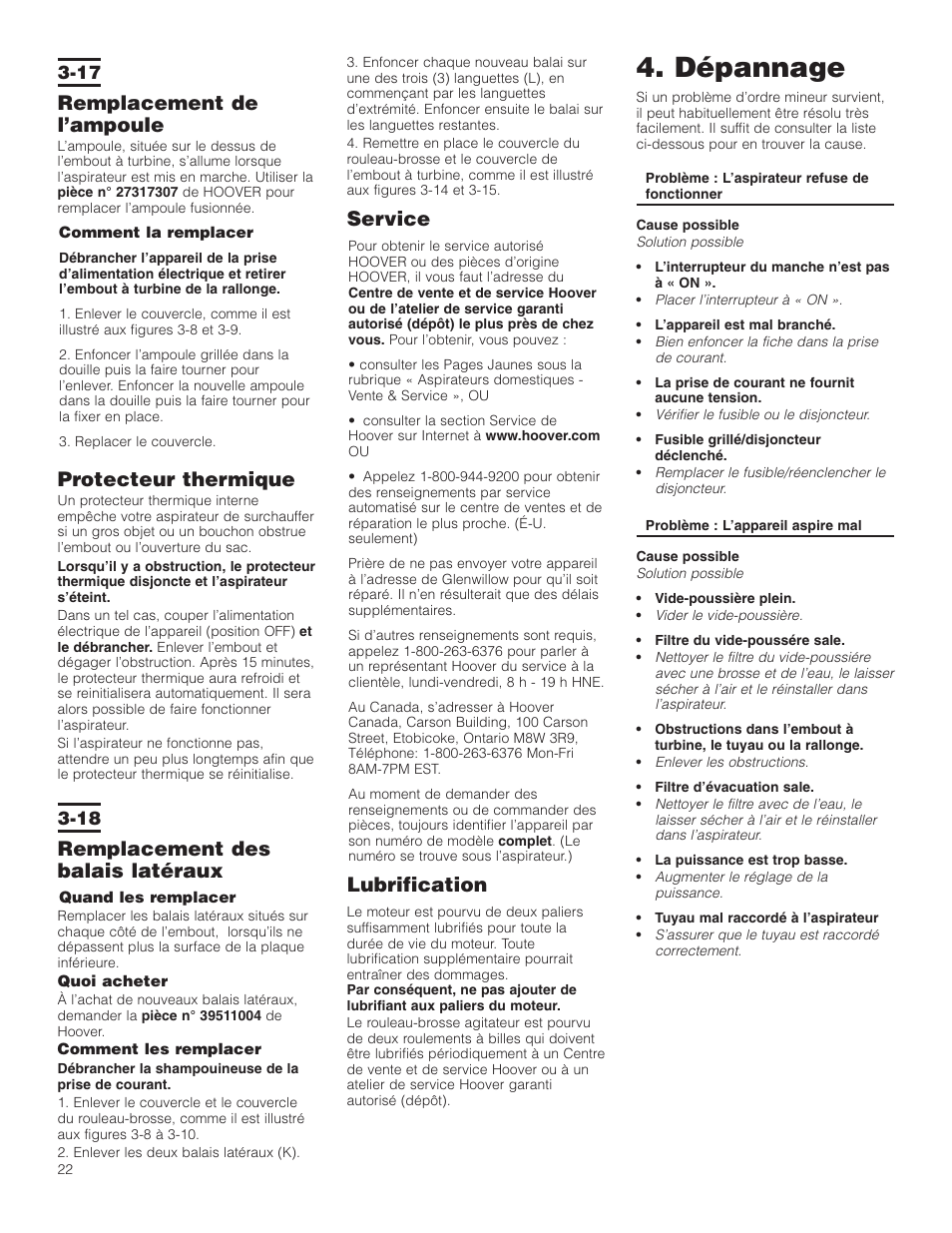 Dépannage, Service, Lubrification | Remplacement de l’ampoule, Protecteur thermique, Remplacement des balais latéraux | Hoover WindTunnel Wind Tunnel Bagless Canister Cleaner User Manual | Page 22 / 24