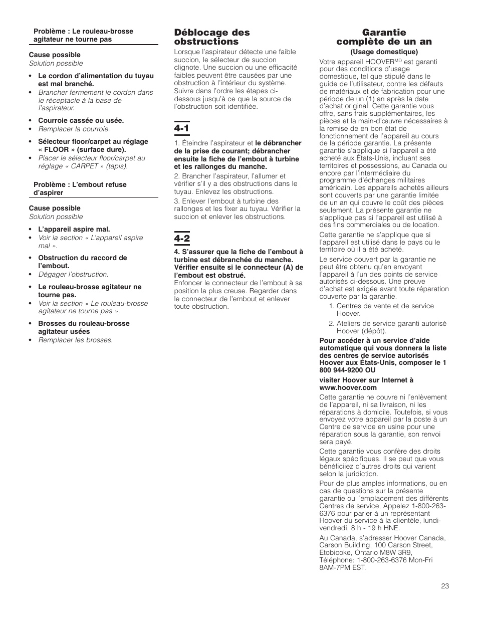 Déblocage des obstructions, Garantie complète de un an | Hoover WindTunnel Wind Tunnel Bagless Canister Cleaner User Manual | Page 23 / 24