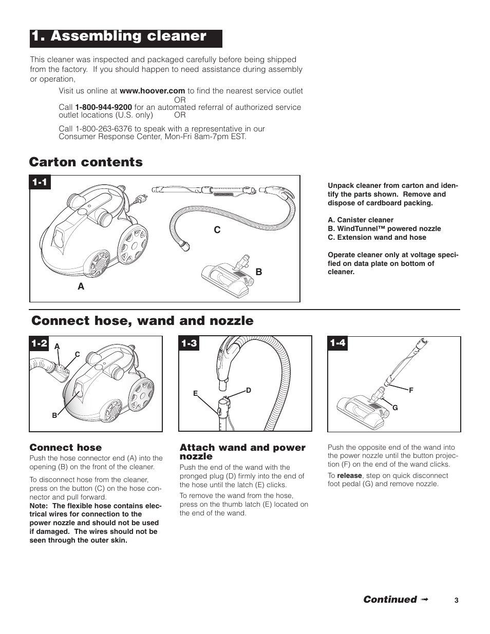 Assembling cleaner, Carton contents connect hose, wand and nozzle | Hoover WindTunnel Wind Tunnel Bagless Canister Cleaner User Manual | Page 3 / 24