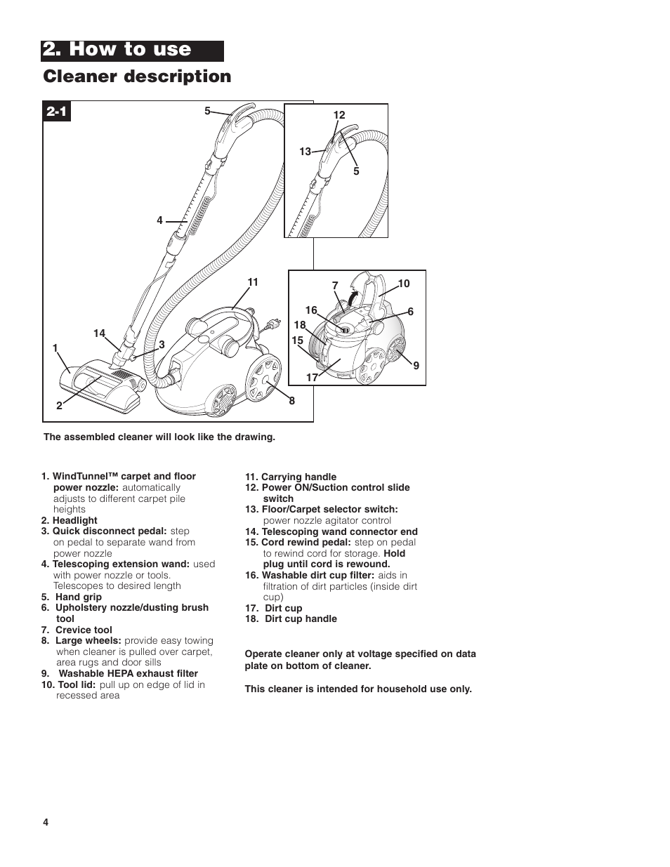 How to use, Cleaner description | Hoover WindTunnel Wind Tunnel Bagless Canister Cleaner User Manual | Page 4 / 24