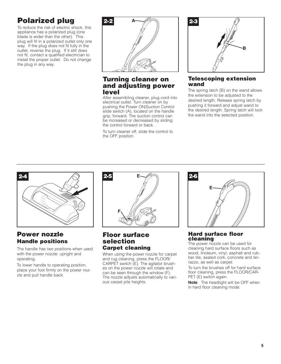 Polarized plug, Floor surface selection, Power nozzle | Turning cleaner on and adjusting power level | Hoover WindTunnel Wind Tunnel Bagless Canister Cleaner User Manual | Page 5 / 24