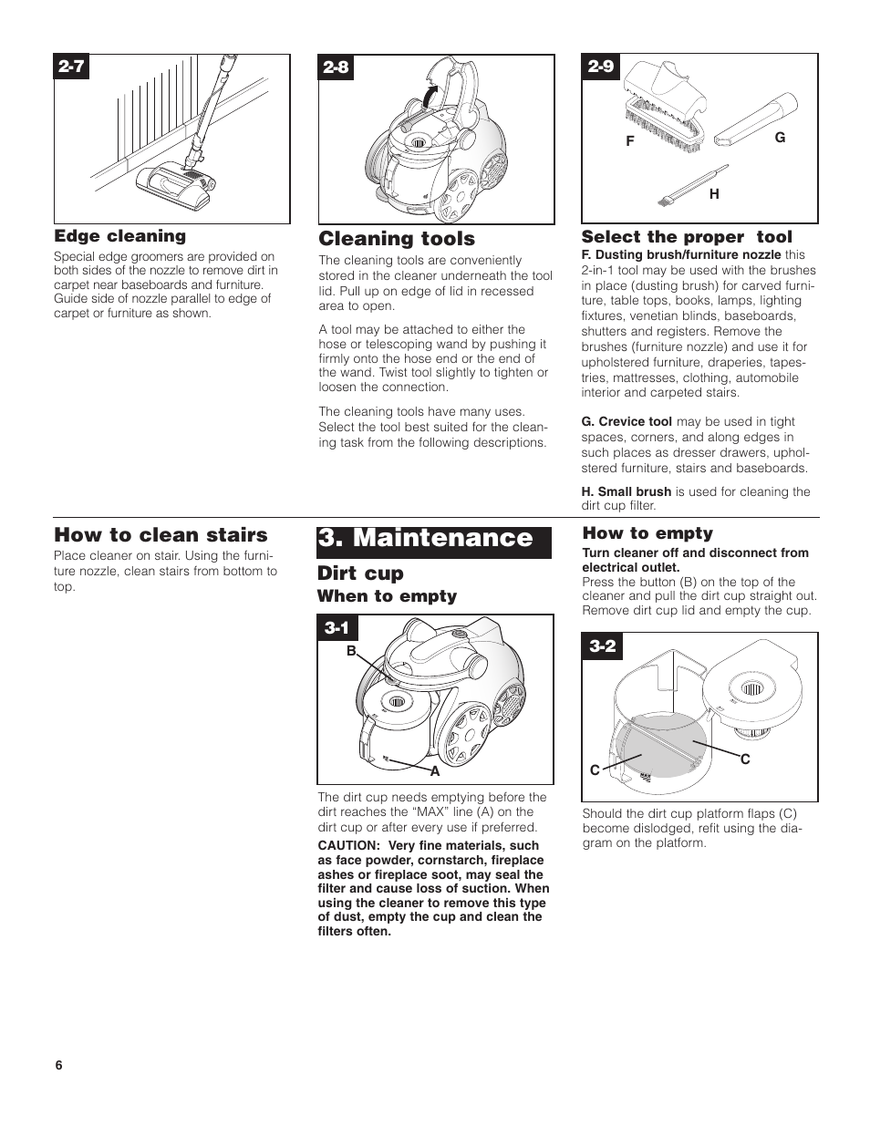 Maintenance, How to clean stairs, Cleaning tools | Dirt cup | Hoover WindTunnel Wind Tunnel Bagless Canister Cleaner User Manual | Page 6 / 24