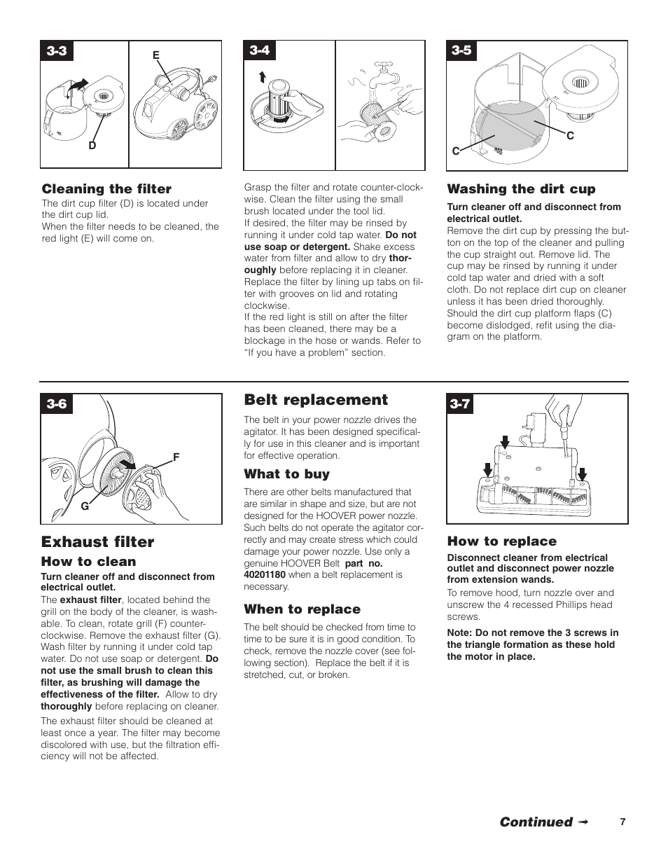 Exhaust filter, Belt replacement | Hoover WindTunnel Wind Tunnel Bagless Canister Cleaner User Manual | Page 7 / 24