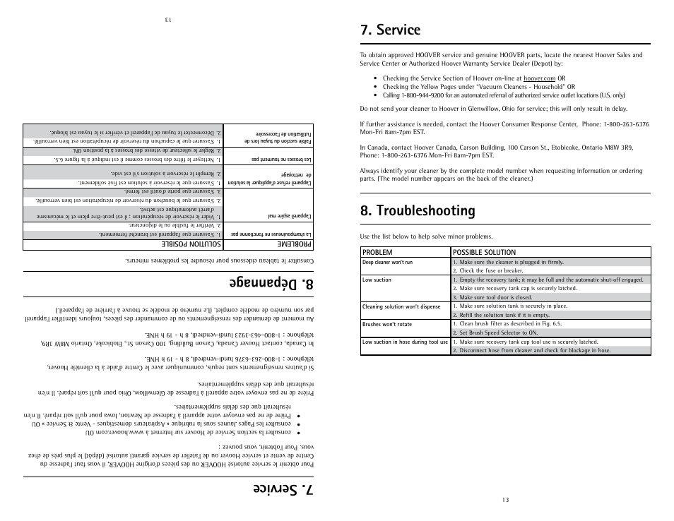 Service 8. troubleshooting, S erv ice 8. d épa nna ge | Hoover Fusion U5180-900 User Manual | Page 13 / 24