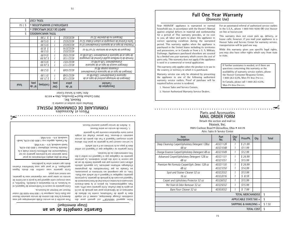 Garantie complète de un an, Full one year warranty, Formulaire de commande postale | Mail order form, Pièces et accessoir es, Parts and accessories, Usage domestique), Hoo ver , in c, Domestic use), Hoover, inc | Hoover Fusion U5180-900 User Manual | Page 15 / 24