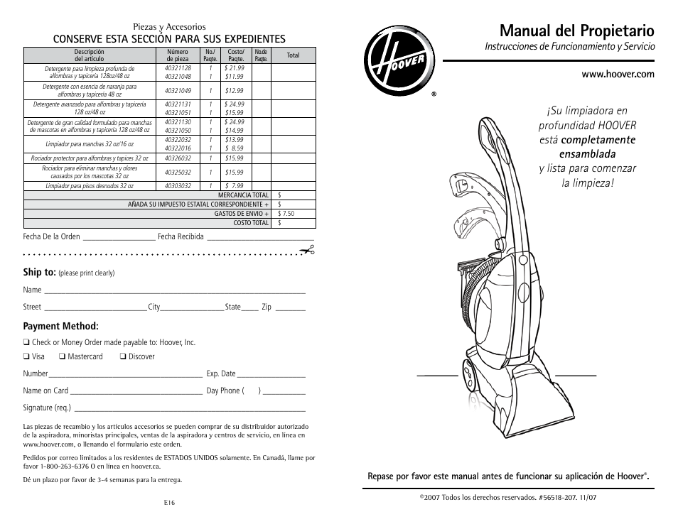 Manual del propietario, Instrucciones de funcionamiento y servicio, Conserve esta sección para sus expedientes | Hoover Fusion U5180-900 User Manual | Page 17 / 24