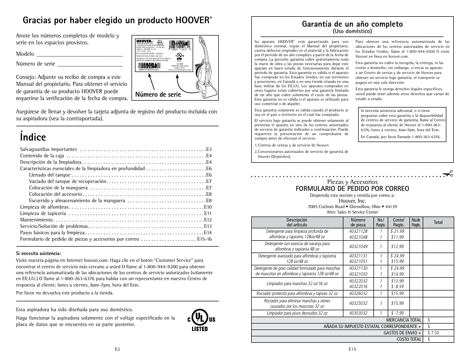 Índice, Gracias por haber elegido un producto hoover, Garantía de un año completo | Número de serie, Formulario de pedido por correo, Piezas y accesorios, Uso doméstico), Hoover, inc | Hoover Fusion U5180-900 User Manual | Page 18 / 24