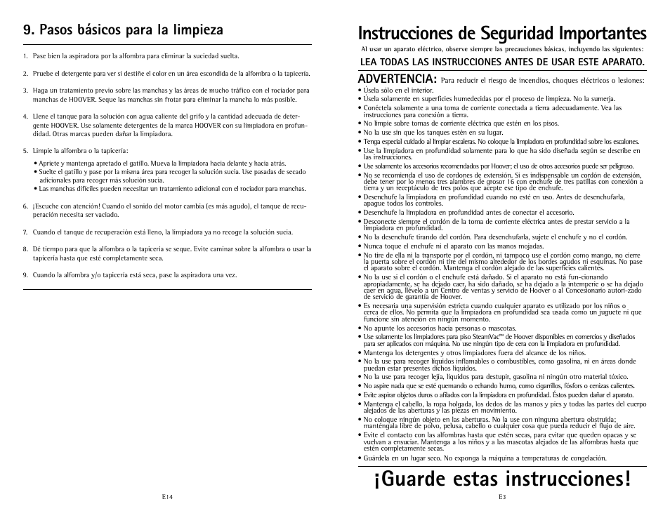 Guarde estas instrucciones, Instrucciones de seguridad importantes, Pasos básicos para la limpieza | Advertencia | Hoover Fusion U5180-900 User Manual | Page 19 / 24