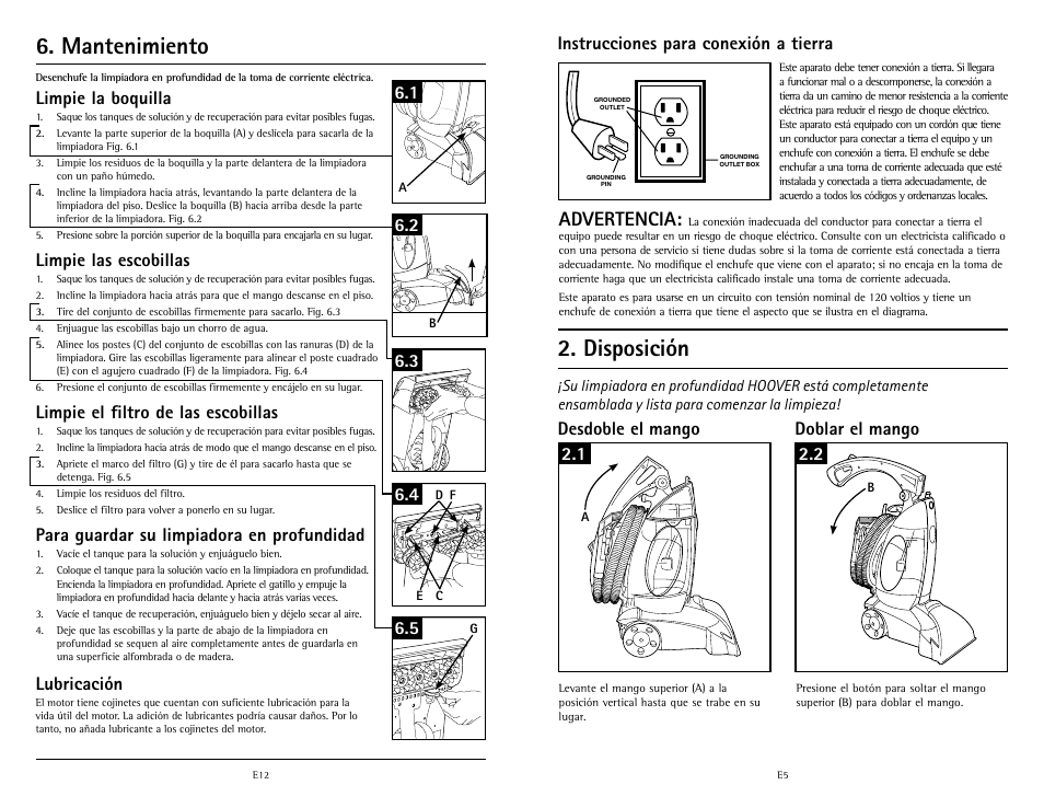 Disposición, Mantenimiento, Advertencia | Instrucciones para conexión a tierra, Desdoble el mango doblar el mango 2.1 2.2, Limpie la boquilla, Limpie las escobillas, Limpie el filtro de las escobillas, Para guardar su limpiadora en profundidad, Lubricación | Hoover Fusion U5180-900 User Manual | Page 21 / 24