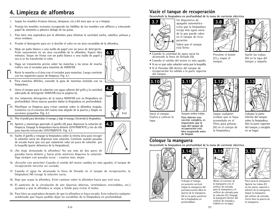 Limpieza de alfombras, Vacíe el tanque de recuperación 3.8 3.9 | Hoover Fusion U5180-900 User Manual | Page 23 / 24