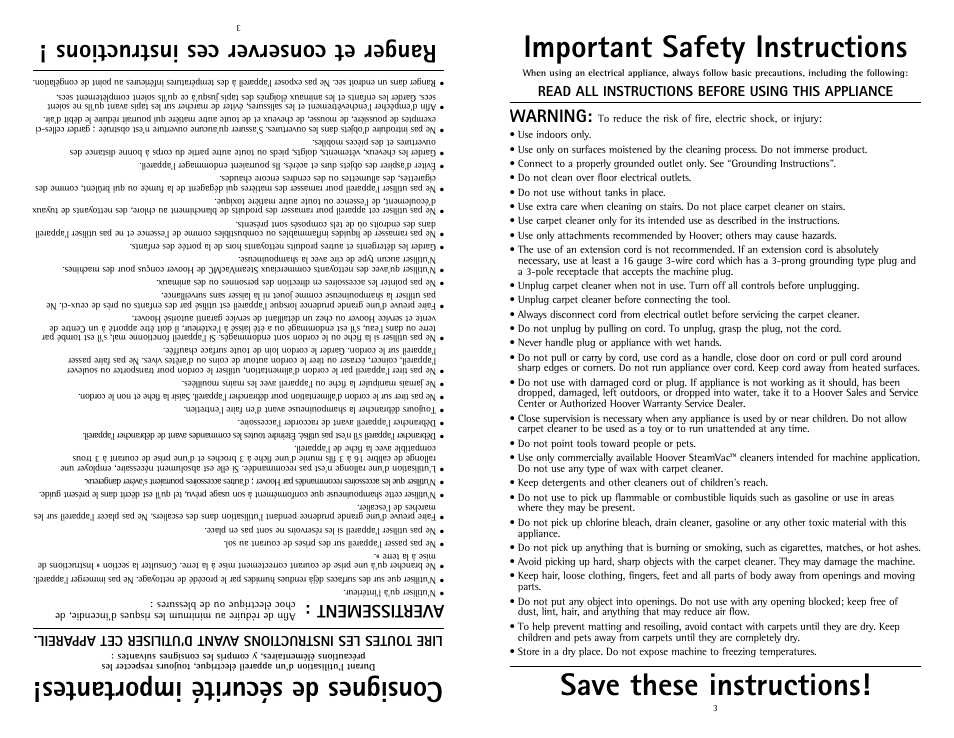 Important safety instructions, Save these instructions, Con sig nes de sé cur ité im por tan tes | Ranger et conserver ces instructions, Warning, Avertissement, Read all instructions before using this appliance | Hoover Fusion U5180-900 User Manual | Page 3 / 24