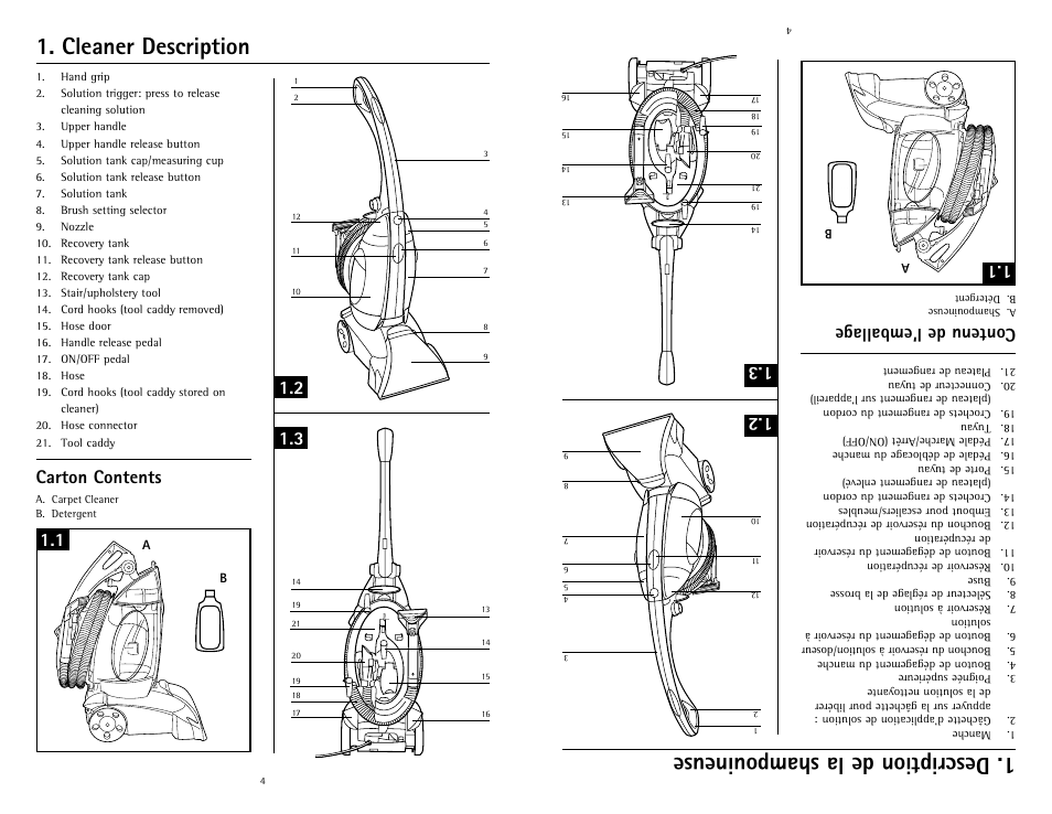 Cleaner description, Carton contents, Contenu de l’emballage | Hoover Fusion U5180-900 User Manual | Page 4 / 24