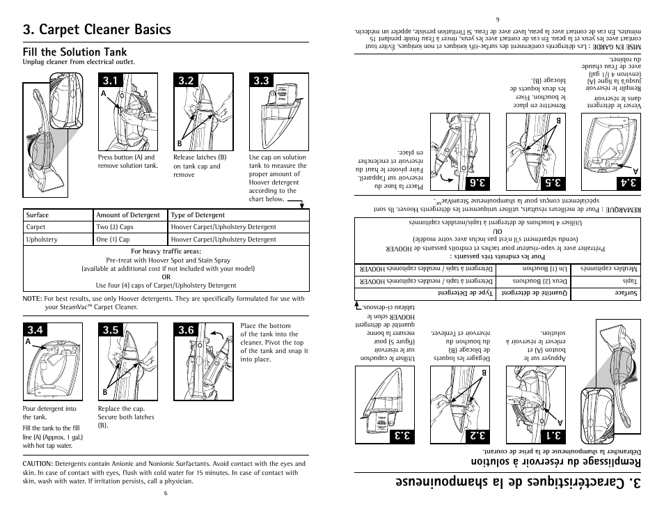 Carpet cleaner basics, C ara cté rist iqu es de la sha mpo uin eus e | Hoover Fusion U5180-900 User Manual | Page 6 / 24