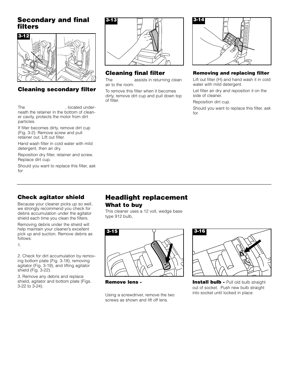 Secondary and final filters, Headlight replacement | Hoover Bagless Upright Vacuum Cleaner User Manual | Page 10 / 32