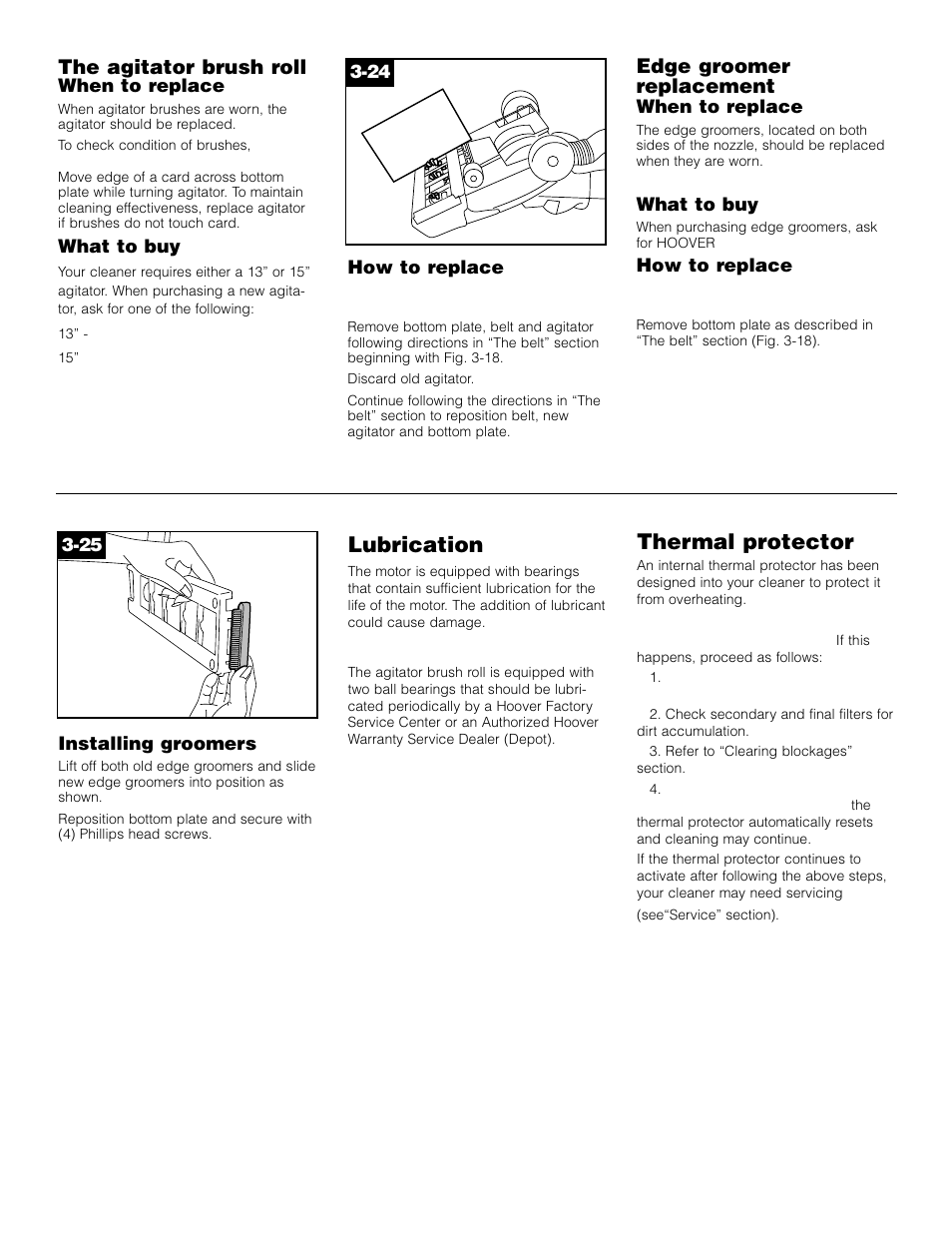 Thermal protector, Lubrication, The agitator brush roll | Edge groomer replacement | Hoover Bagless Upright Vacuum Cleaner User Manual | Page 12 / 32