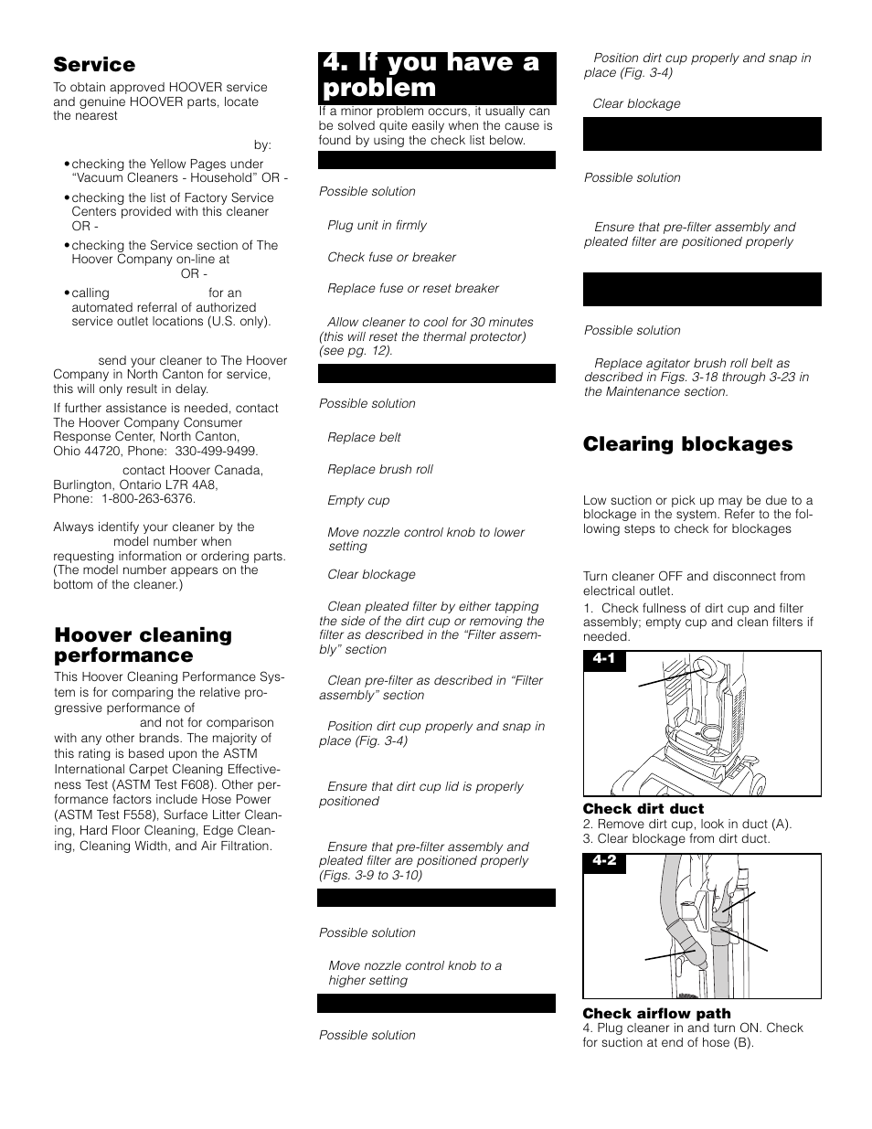 If you have a, If you have a problem, Clearing blockages | Service, Hoover cleaning performance | Hoover Bagless Upright Vacuum Cleaner User Manual | Page 13 / 32